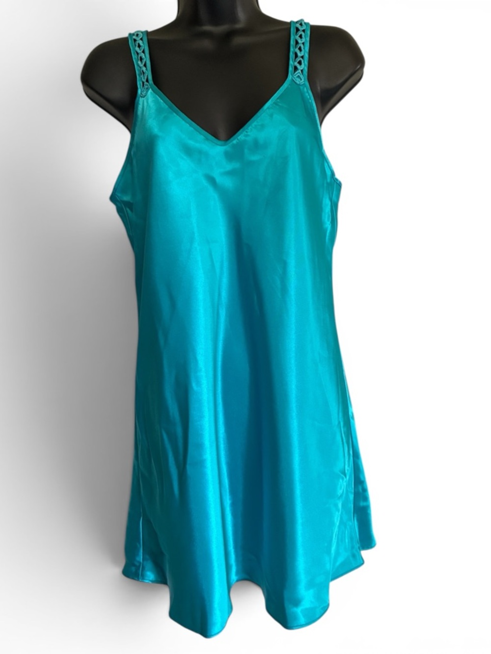 Vintage 80s 90s Satin V-Neck Chemise Nightie with Braided Straps Teal - Size M